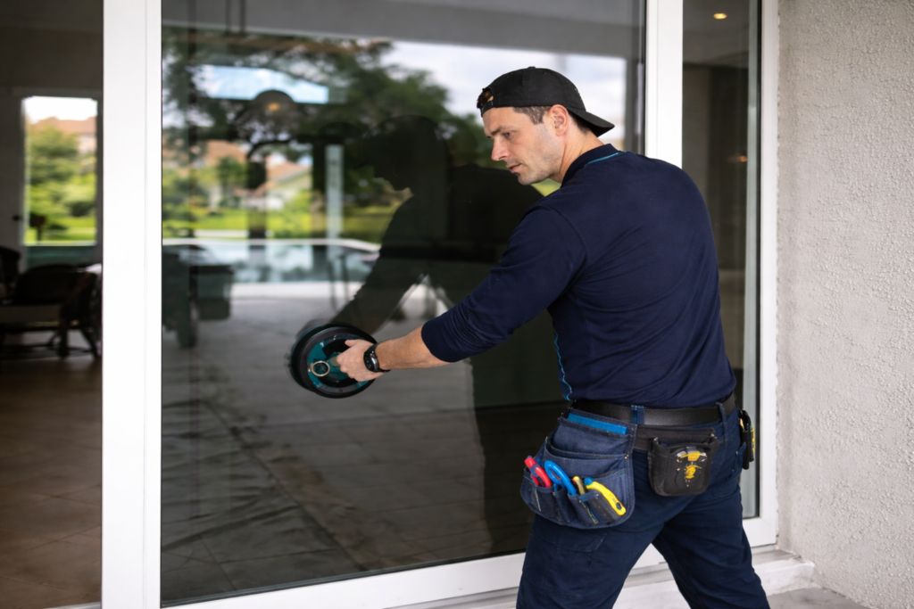 drain-cleaning Technician installing glass door using suction lifter